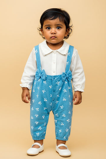 Bow-Printed Baby Girl Romper with Peter Pan Collar – Long Sleeve Cotton Blend Jumpsuit