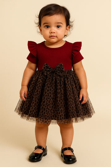 Trendy Maroon & Leopard Print Baby Girl Dress – Ribbed Puff Sleeve Top with Layered Animal Print Net Dress