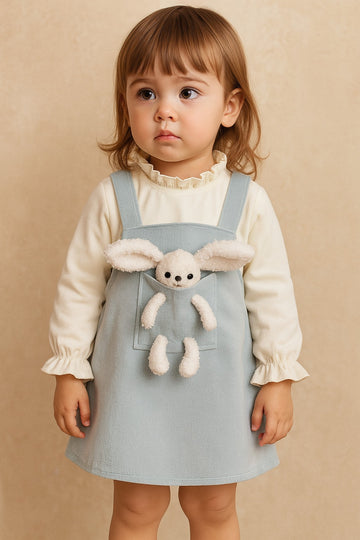 Blue Pinafore with Cream Ruffle Top & Plush Bunny Pocket