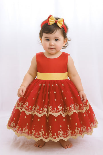 Red & Cream Baby Girl Party Frock with Headband – Elegant Embroidered Dress for Special Occasions - Inayah Fashion