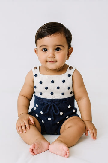 Navy & White Polka Dot Knitted Baby Romper with Button Straps - Inayah Fashion