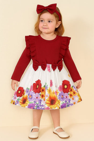 Red Ruffle Long-Sleeve Dress with Floral Skirt and Bow Headband for Girls