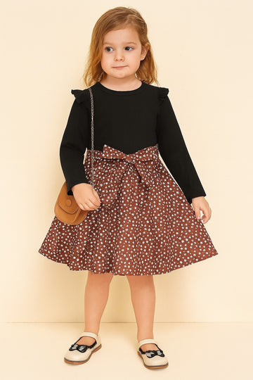 Black Ruffle Long-Sleeve Top with Brown Floral Skirt and Bow for Girls