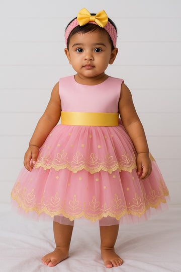 Pink & Yellow Embroidered Net Party Dress for Baby Girls with Matching Headband