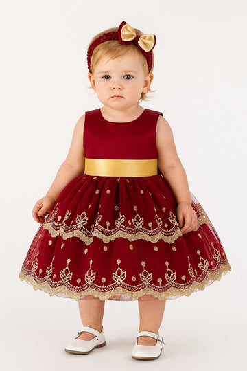 Maroon & Cream Baby Girl Party Frock with Matching Headband – Embroidered Tulle Dress for Birthdays & Special Events