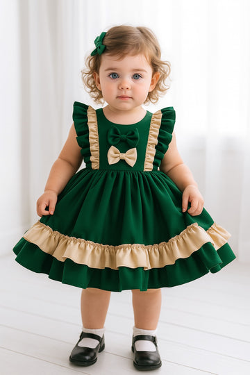 Emerald Green Frock with Beige Frills & Bows