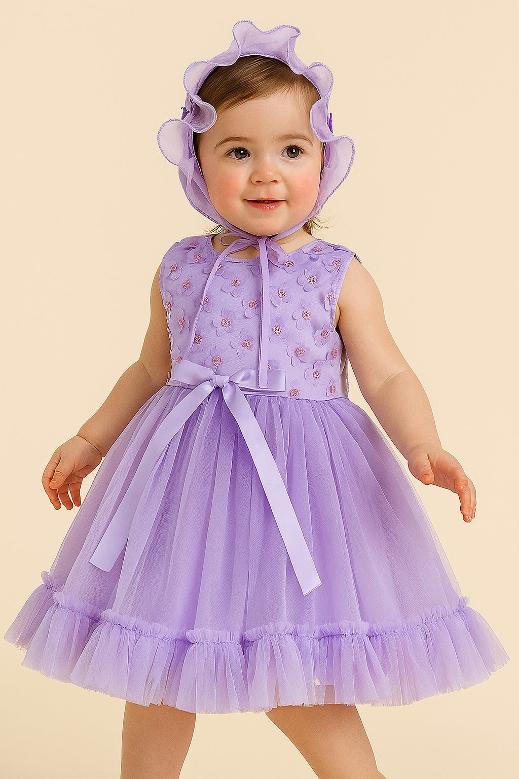 Lavender Floral Net Frock with Matching Bonnet for Baby Girls - Inayah Fashion