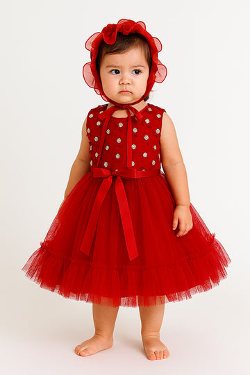 Stunning Red Baby Girl Frock with Bonnet & Sequin Embellishments