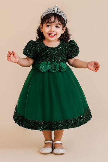 Elegant Emerald Green Sequin Party Dress for Girls – Puff Sleeves & Floral Belt | Birthday & Special Occasion Gown