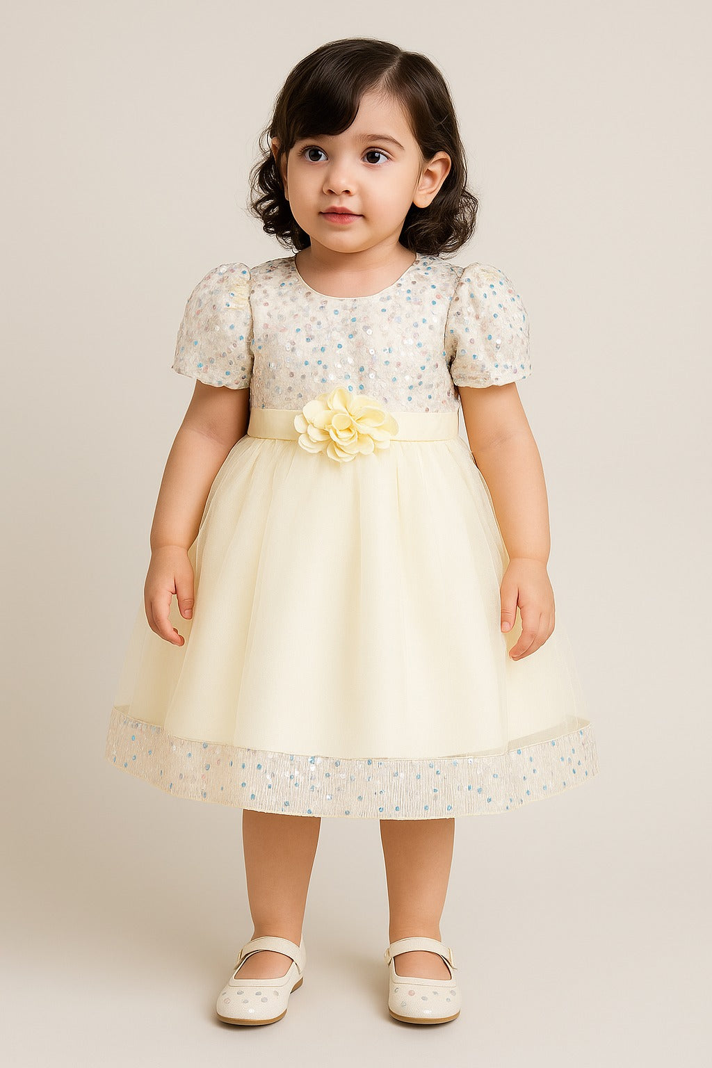 Girls' Cream Sequin Party Dress with Puff Sleeves - Inayah Fashion