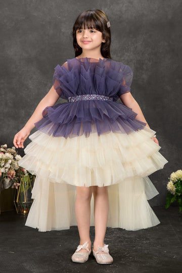Luxury High-Low Ruffle Tulle Party Dress for Girls – Purple and Cream Designer Gown with Embellished Waistband