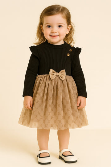Chic Black & Beige Baby Girl Dress – Ribbed Full Sleeve Dess For Girls