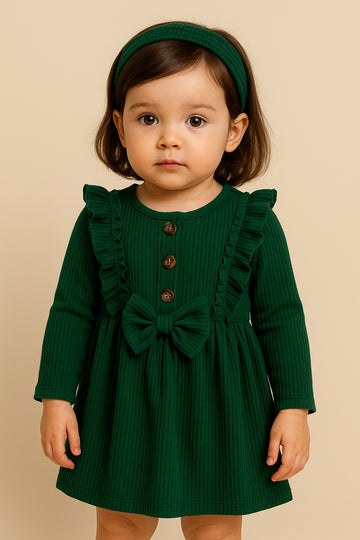 Stylish Green Ribbed Cotton Frock for Baby Girls – Long Sleeve Dress with Ruffles & Bow