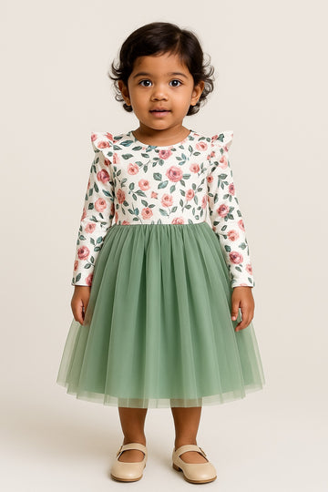 Girls Floral Print Green Tulle Dress – Long Sleeve Casual Party Dress with Puff Shoulders