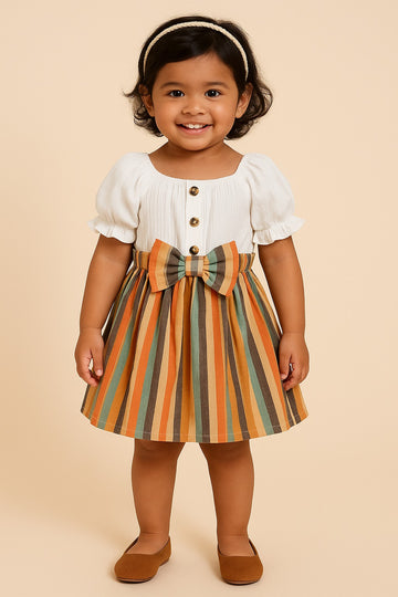 Girls’ Striped Skirt Dress with Puff Sleeves and Bow
