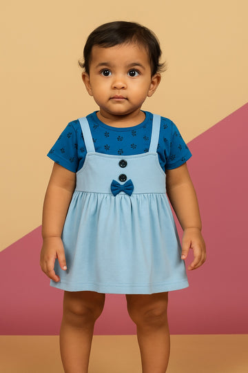 Button Bow Dungaree-Style Baby Girl Dress Set – Soft Cotton Combo Outfit