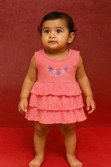 Embroidered Floral Baby Girl Frock – Sleeveless Cotton Dress with Layered Ruffle Skirt