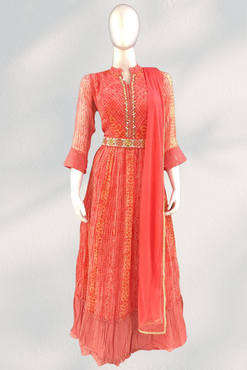 Traditional Orange Anarkali Kurta Set with Dupatta | Embroidered & Mirror Work with Waist Belt