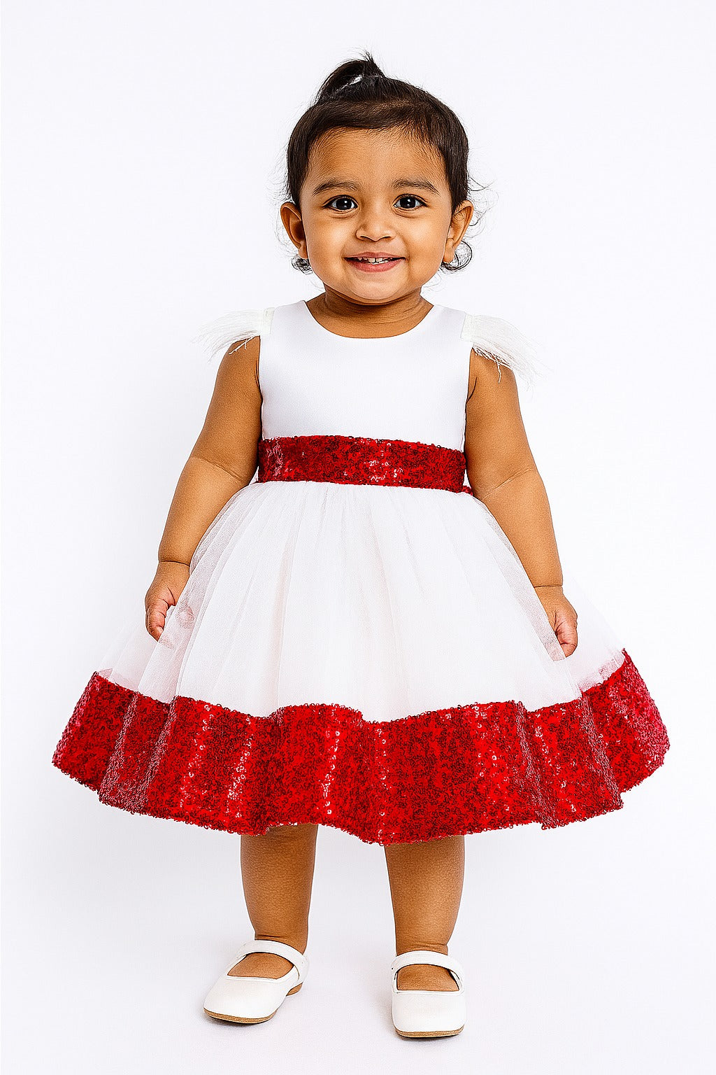 White and Red Baby Girl Party Dress with Feather Sleeves, Sequin Waist & Hem - Inayah Fashion