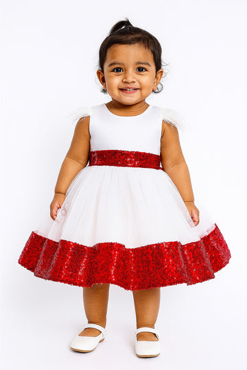 White and Red Baby Girl Party Dress with Feather Sleeves, Sequin Waist & Hem - Inayah Fashion