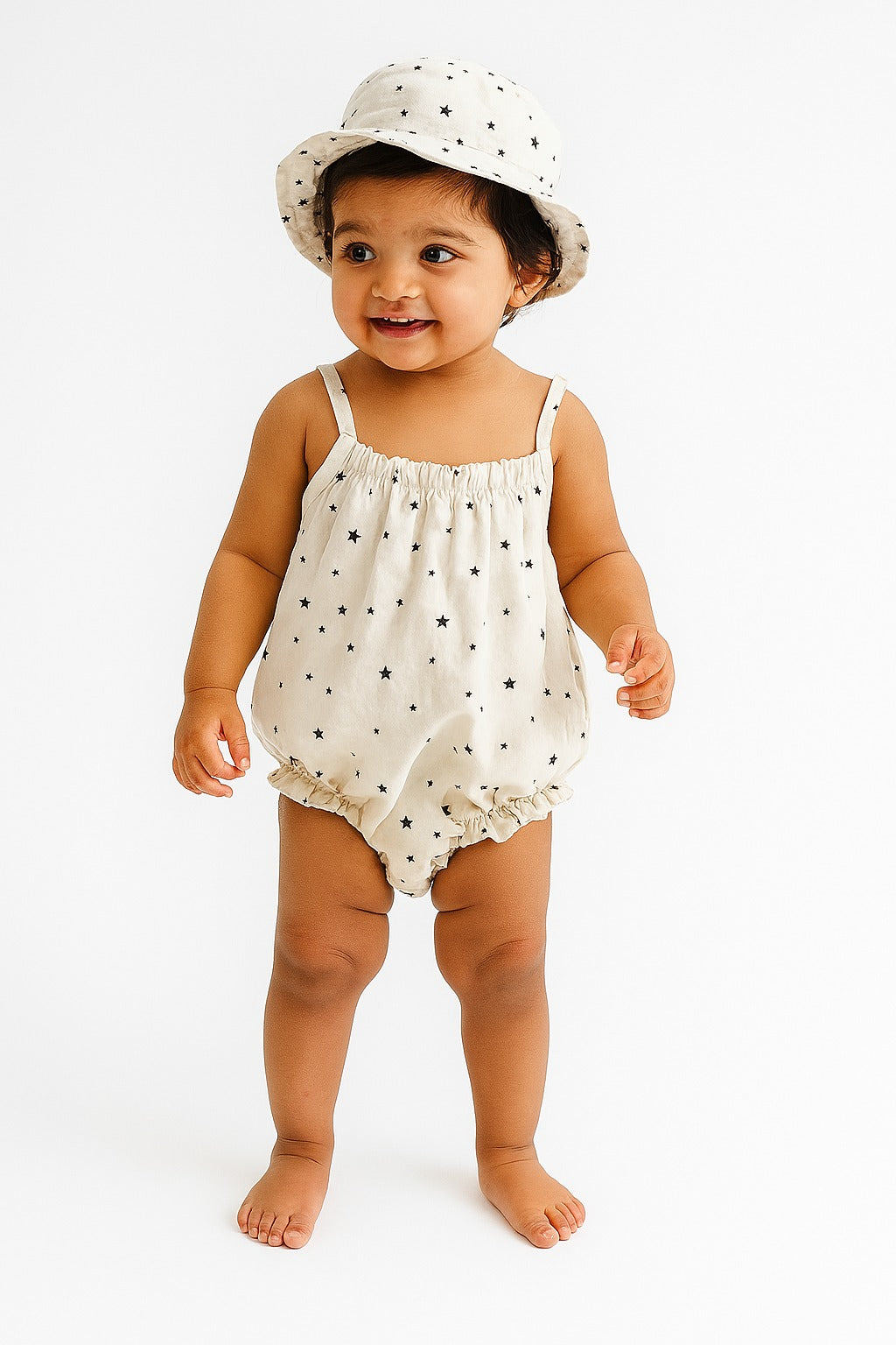 Minimalist Star Print Baby Romper with Matching Sun Hat – Sleeveless Summer Cotton Outfit for Infants - Inayah Fashion