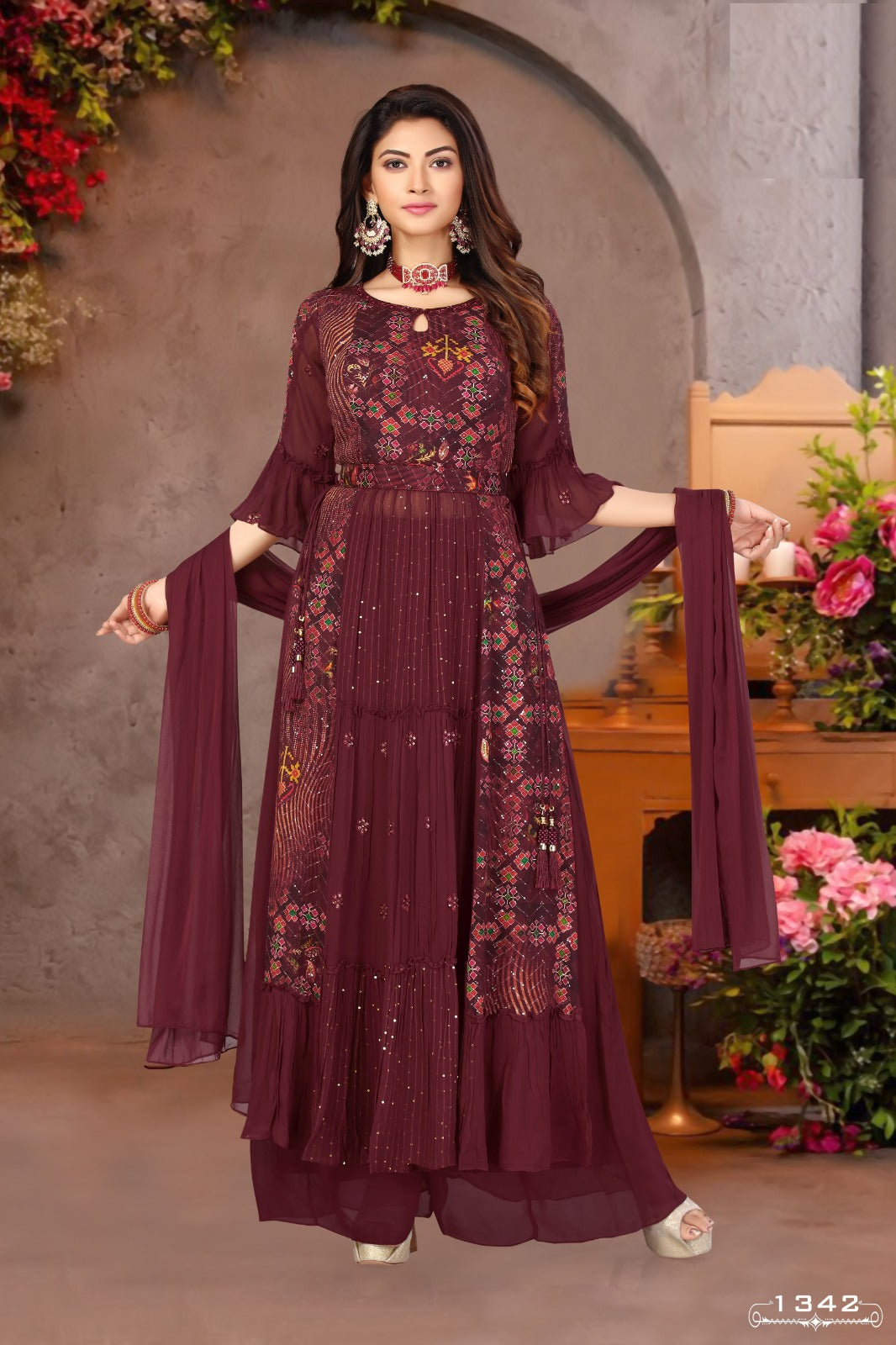 Maroon Embroidered Georgette Kurta Set with Dupatta | Mirror Work & Bell Sleeves | Designer Party & Festive Wear for Women
