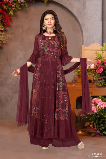 Maroon Embroidered Georgette Kurta Set with Dupatta | Mirror Work & Bell Sleeves | Designer Party & Festive Wear for Women