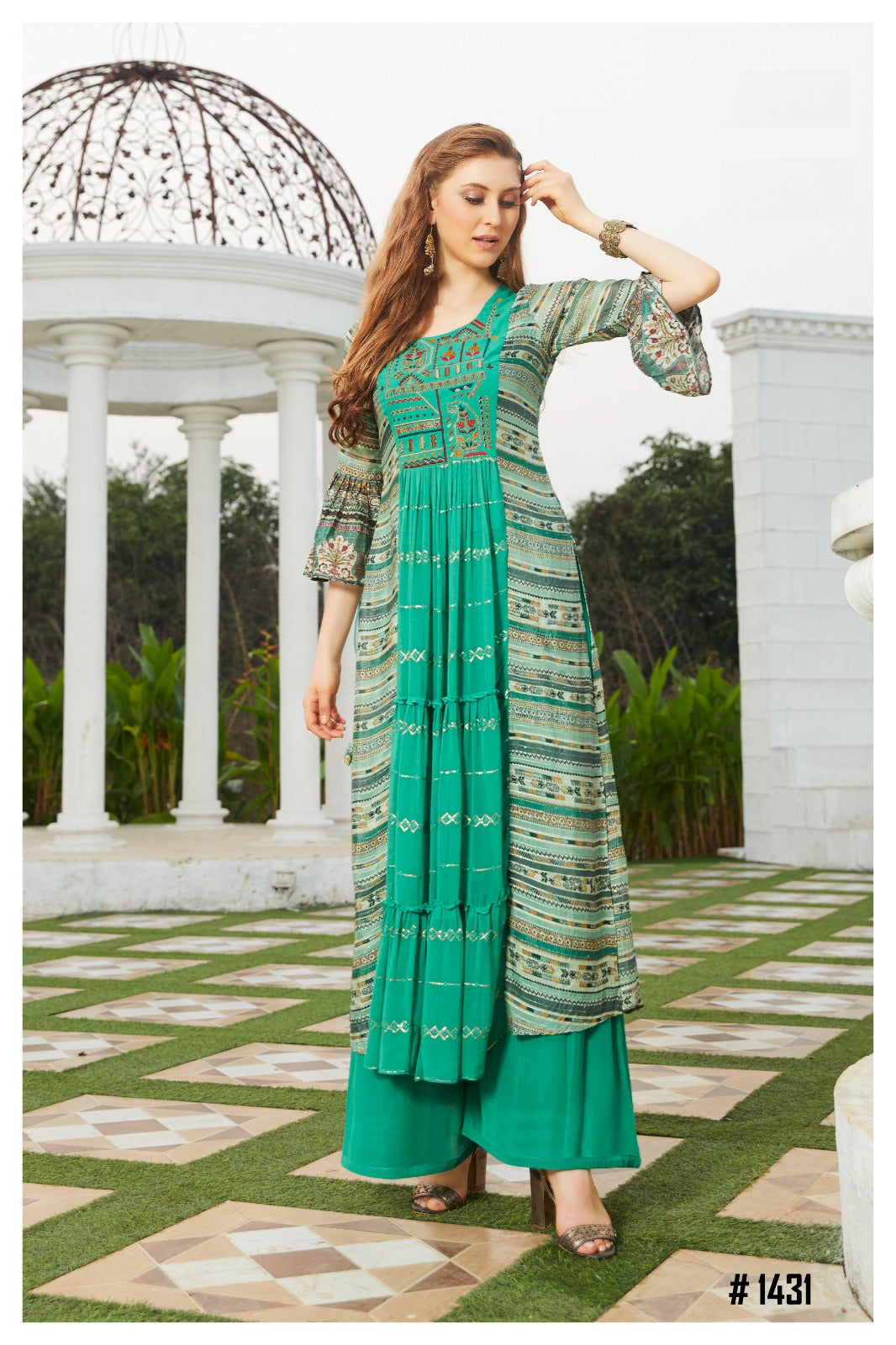 Teal Green Printed Kurta Set with Palazzo | Mirror Embellished Yoke & Bell Sleeves | Boho Ethnic Wear for Women - Inayah Fashion