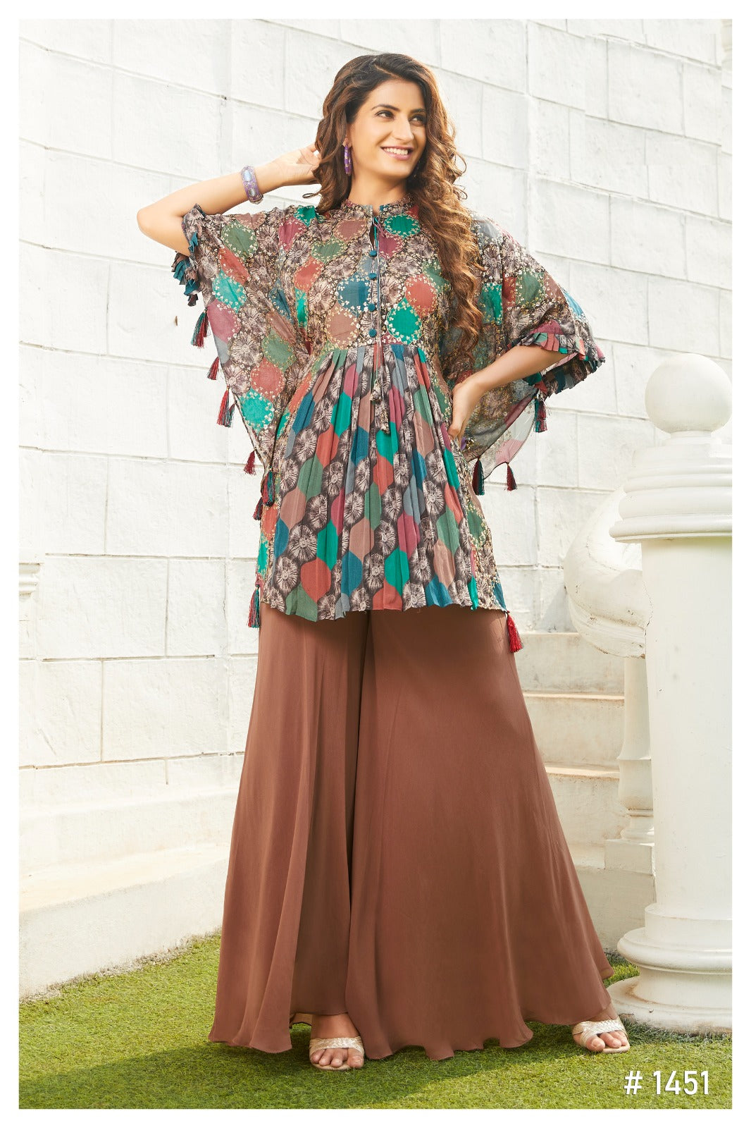 Bohemian Multicolor Printed Short Kurta with Palazzo Pants | Kaftan Style Tassel Sleeve Design