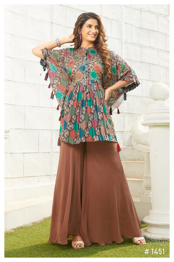 Bohemian Multicolor Printed Short Kurta with Palazzo Pants | Kaftan Style Tassel Sleeve Design
