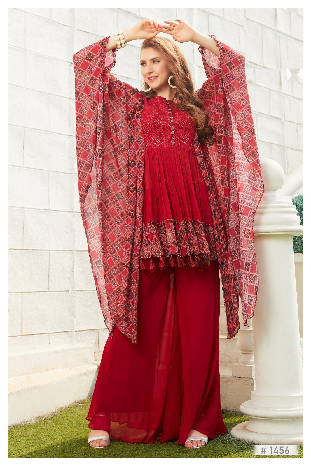 Trendy Red Cape Style Georgette Kurta Set with Palazzo | Tassel Hem & Ethnic Print Shrug - Inayah Fashion