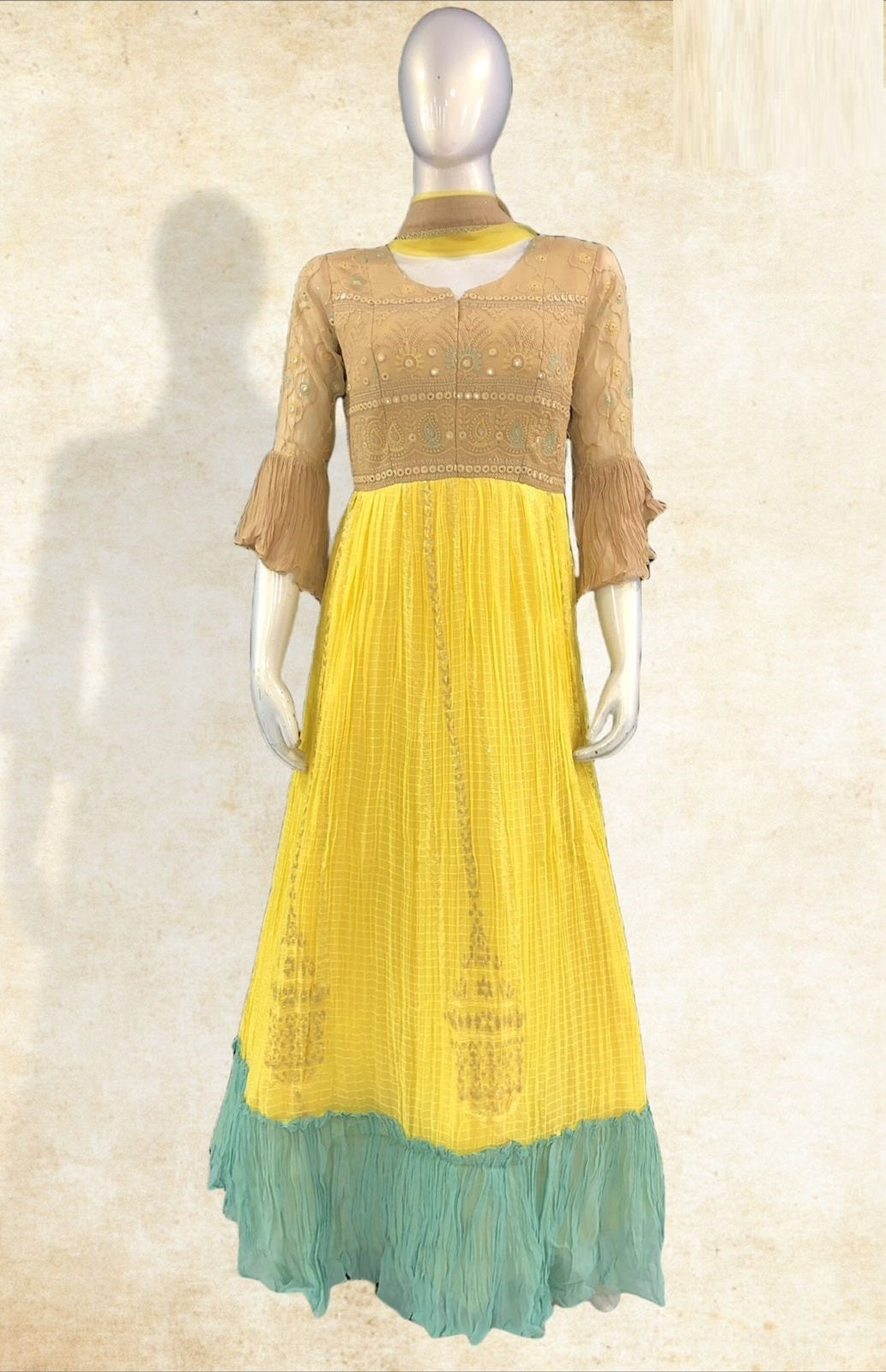 Yellow & Beige Embroidered Anarkali Kurta Set with Green Frill Hem | Crinkled Georgette Fabric | Party & Festive Wear for Women