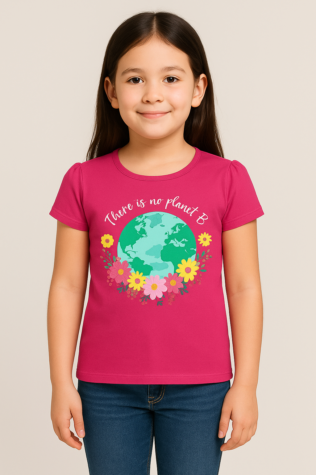 “There Is No Planet B” Fuchsia Pink Eco Graphic Tee – Stylish Cotton Top for Girls