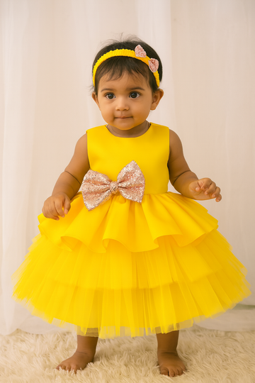 Bright Yellow Baby Girl Birthday Frock with Ruffle Layers and Sequin Bow