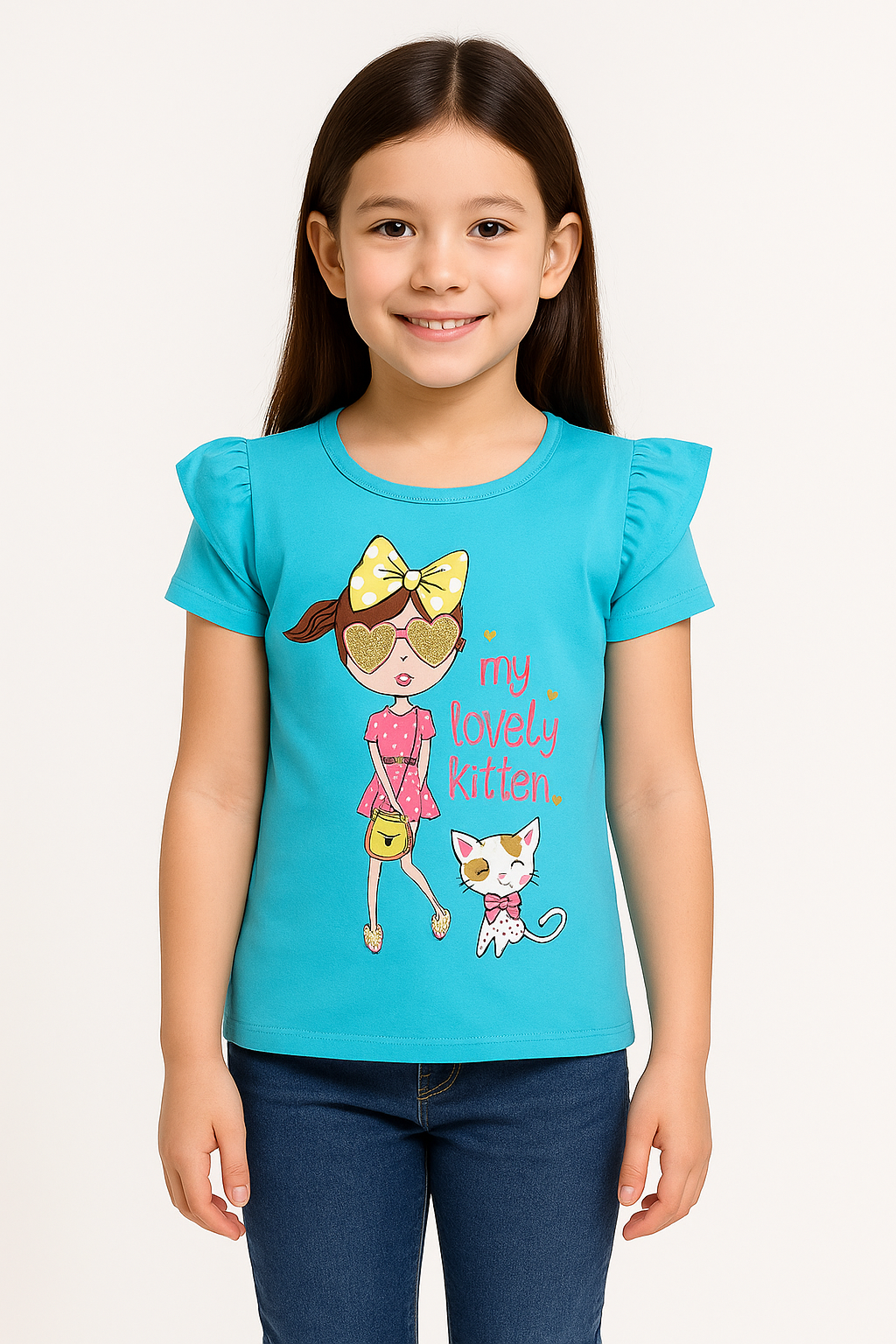 Sky Blue Graphic Top – Stylish Casual Cotton Tee for Girls
