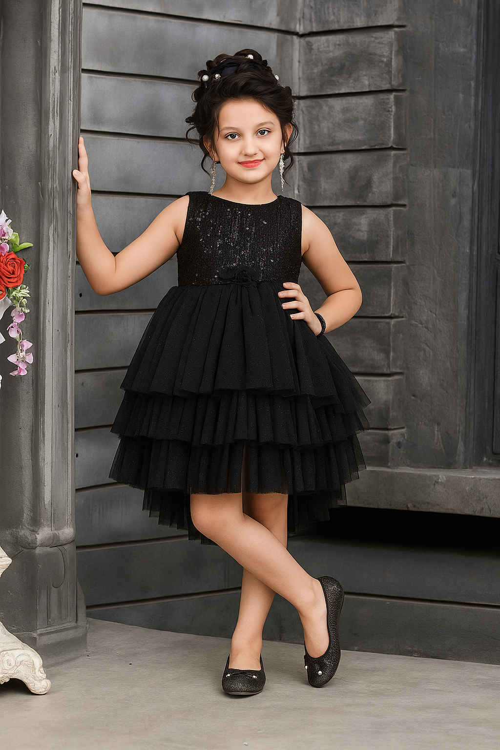 Black Sequin Layered Party Dress for Girls