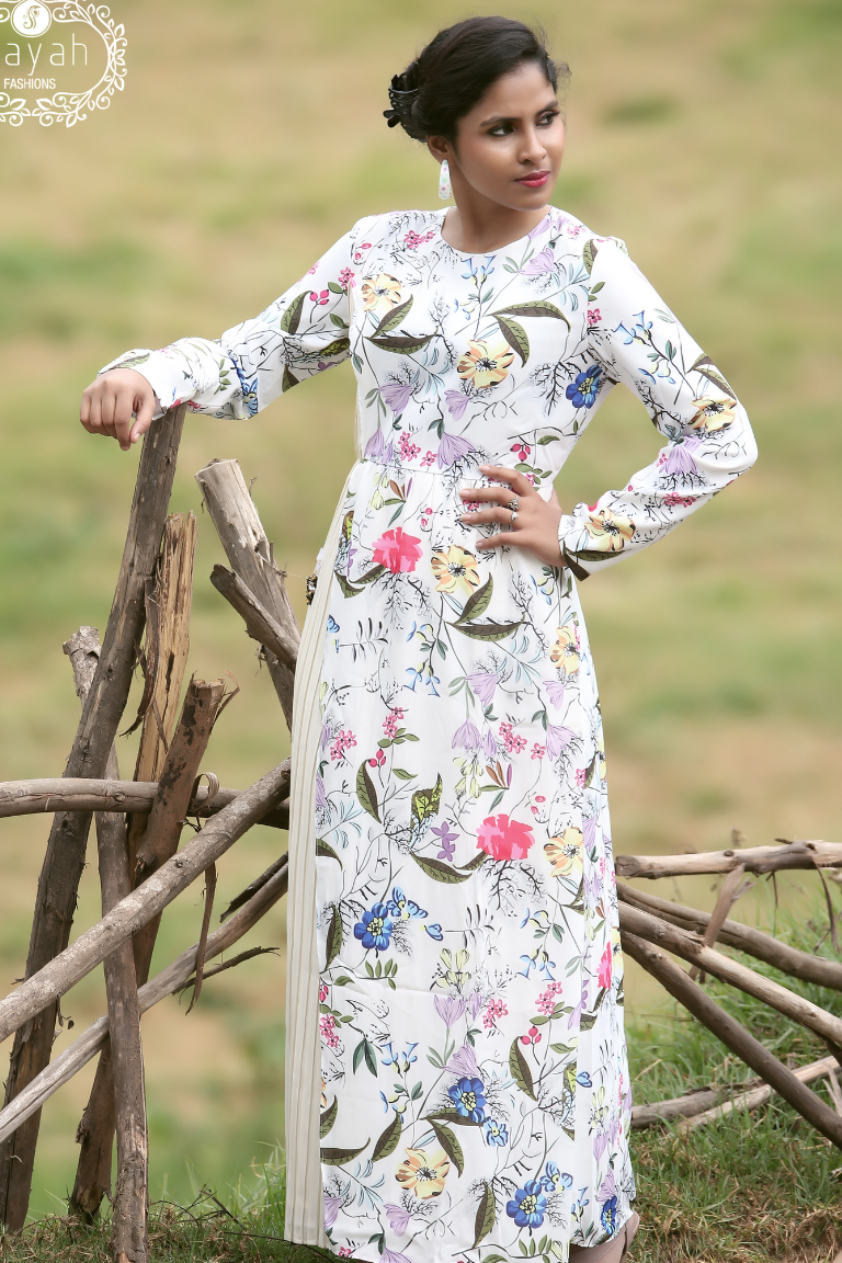 Elegant Full-Length White Maxi Dress with Multicolor Botanical Floral Print | Long Sleeve