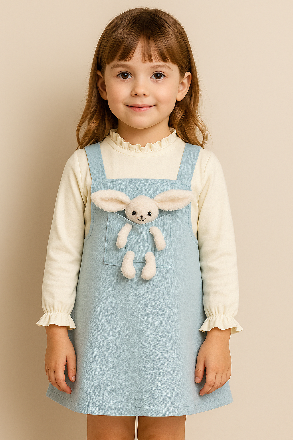 Blue Pinafore with Cream Ruffle Top & Plush Bunny Pocket