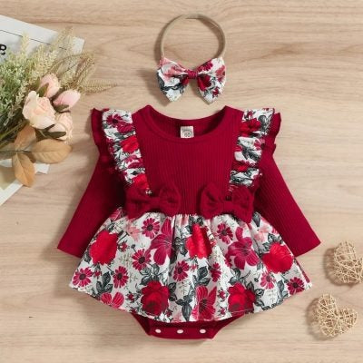 Blooming Red Floral Baby Romper with Headband