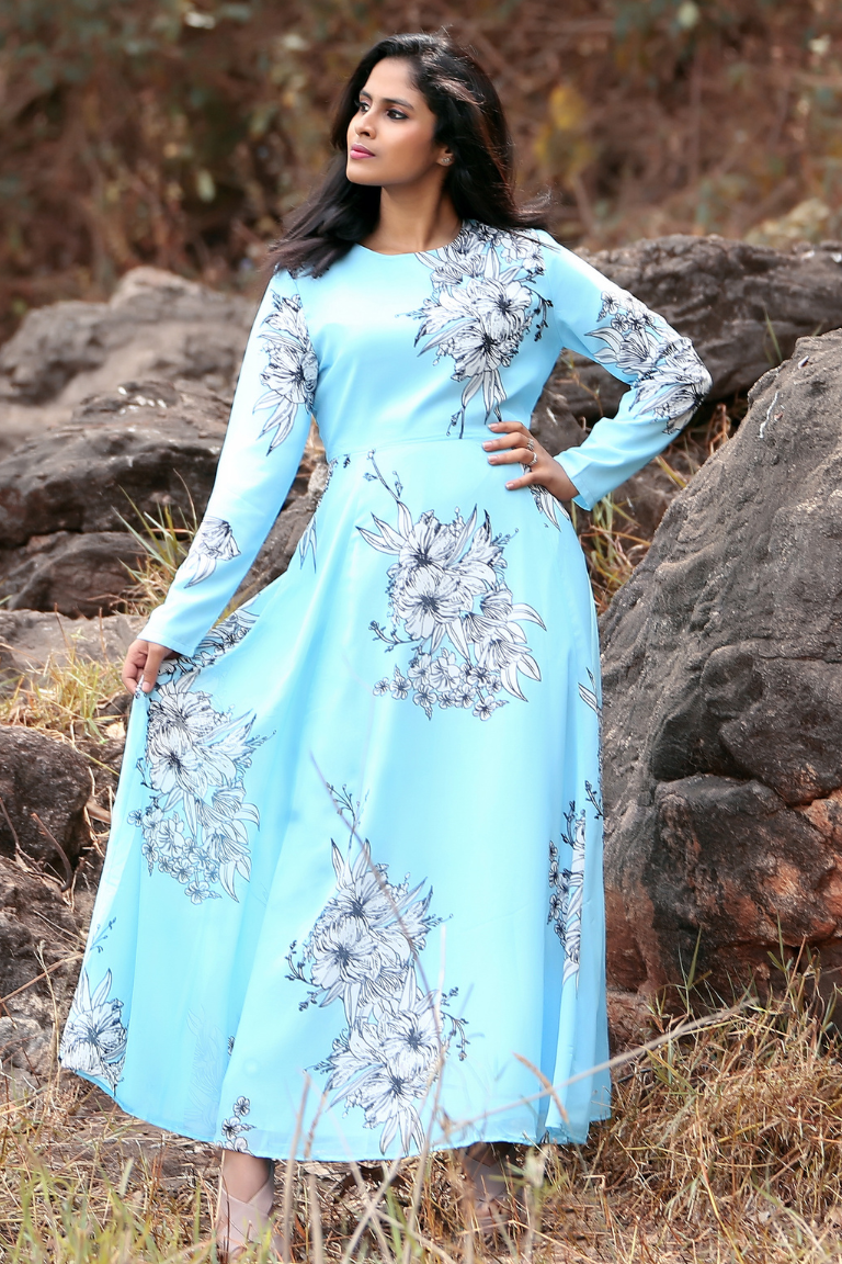 Imported Sky Blue Full-Length A-Line Gown with Artistic Black & White Floral Print and Full Sleeves