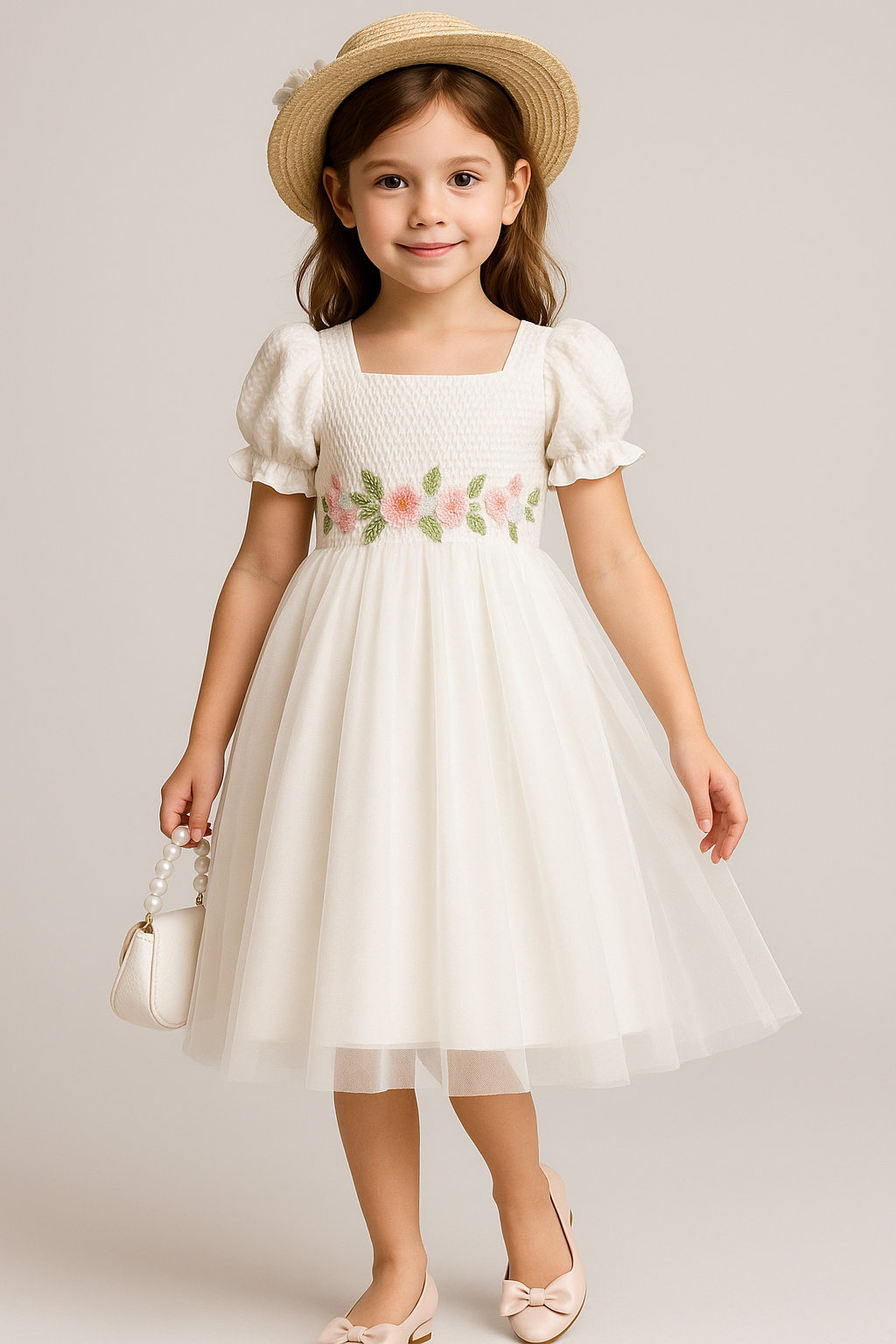 WElegant White Tulle Party Dress for Girls – Puff Sleeve Smocked Bodice with Floral Embroidery