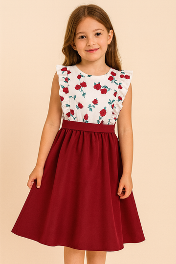 Chic Red & White Floral Girls Dress – Sleeveless Ruffle Shoulder Frock with Solid Wine Red A-Line Dress