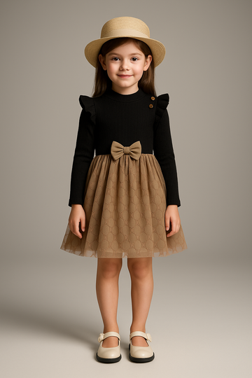 Chic Black & Beige Baby Girl Dress – Ribbed Full Sleeve Dess For Girls
