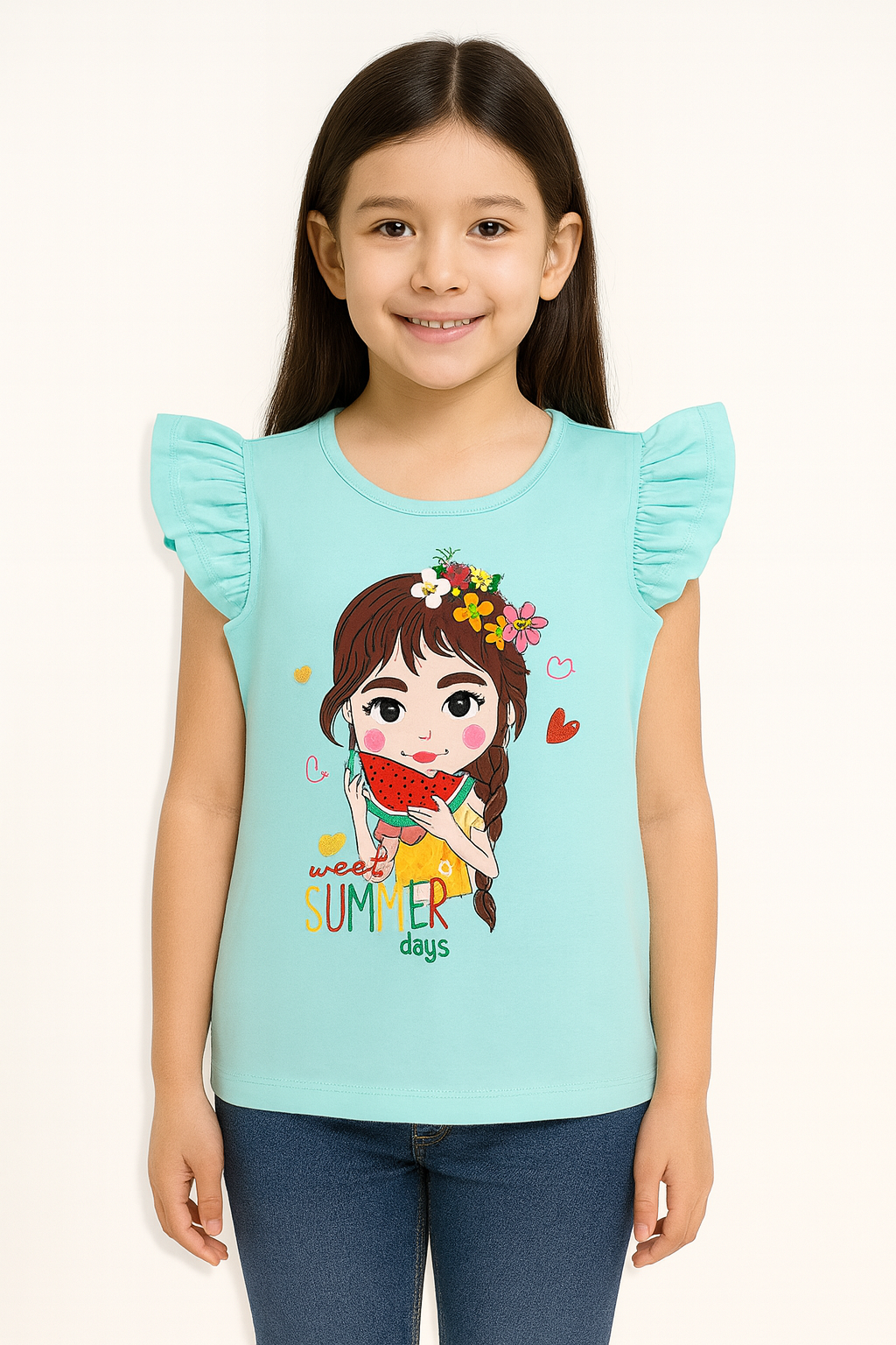 Sweet Summer Days Aqua Blue Ruffle Sleeve T-Shirt – Watermelon Print Top for Girls