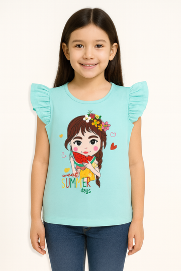 Sweet Summer Days Aqua Blue Ruffle Sleeve T-Shirt – Watermelon Print Top for Girls