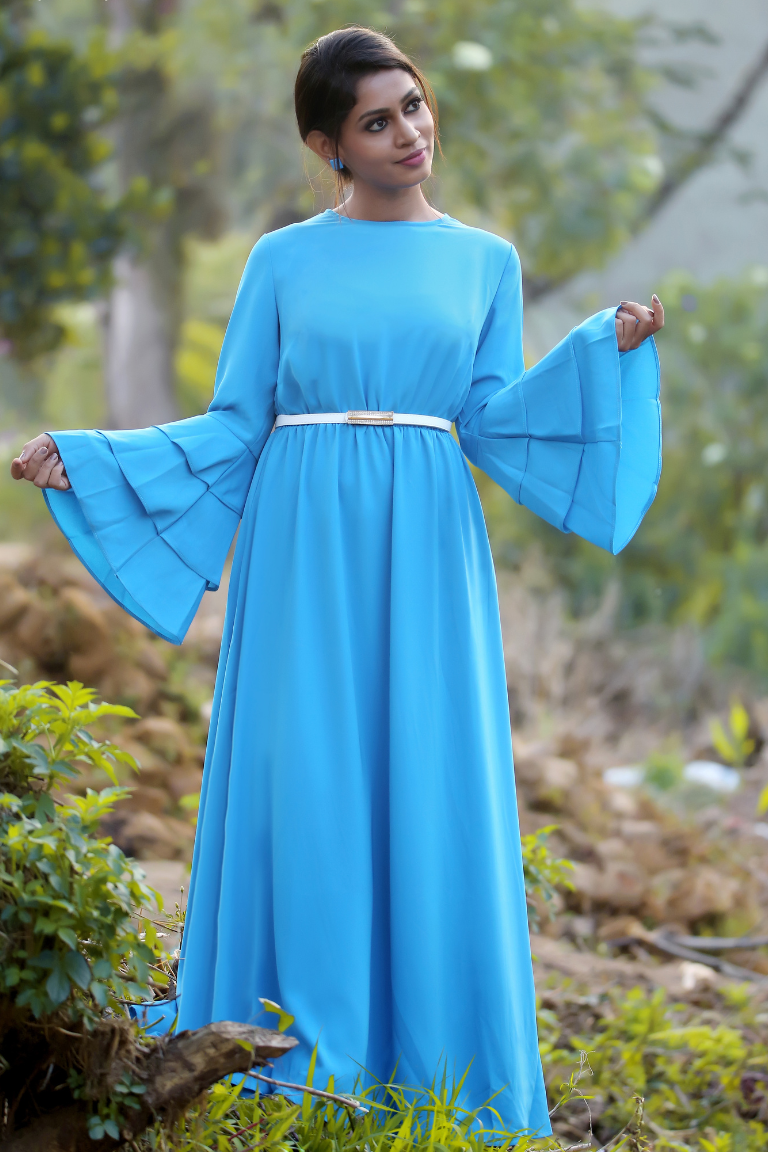 Royal Blue Full-Length Flared Gown with Dramatic Layered Bell Sleeves and Elegant Gold Buckle Belt