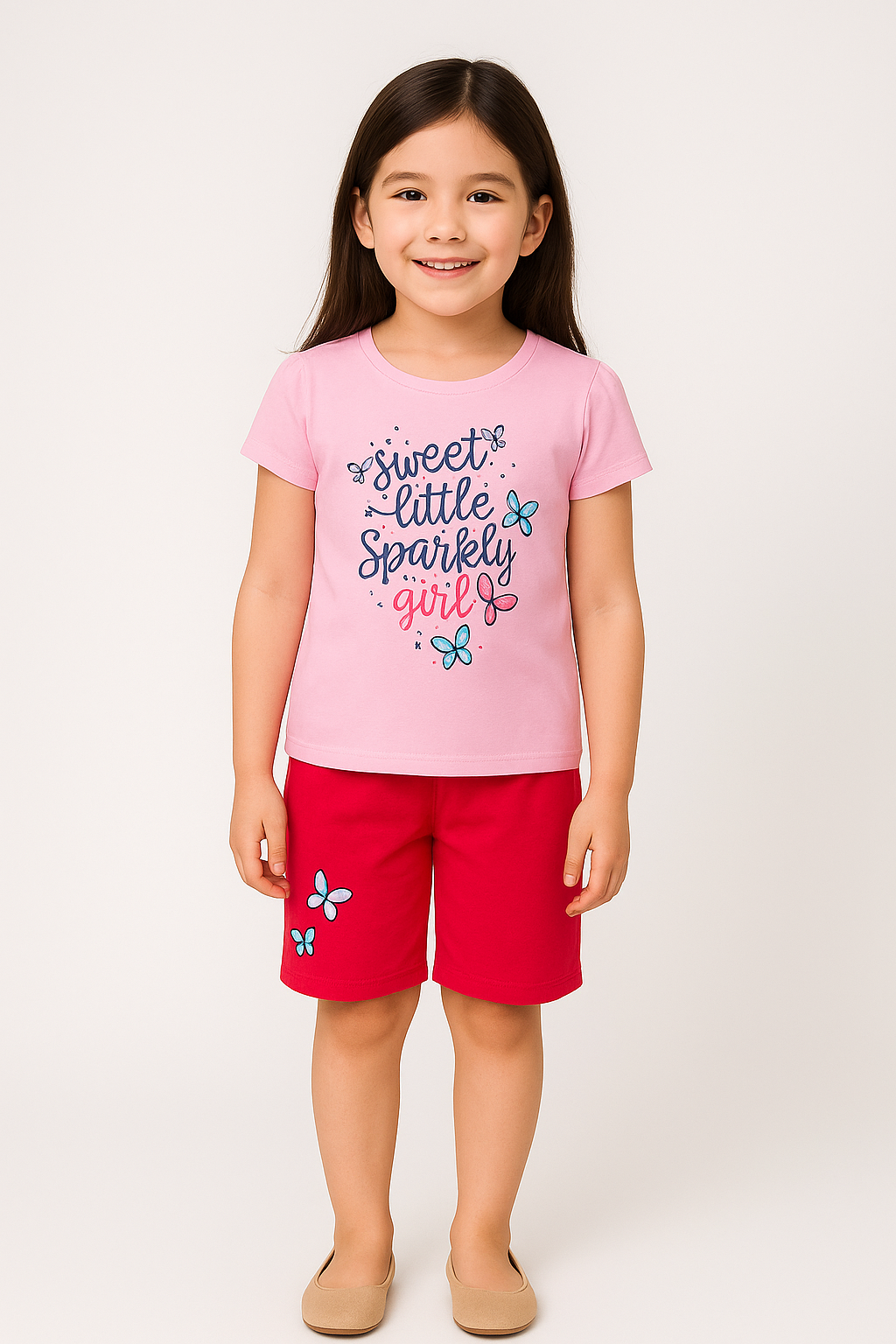 Sweet Little Sparkly Girl Pink Top & Red Shorts Set – Comfortable Summer Outfit for Girls