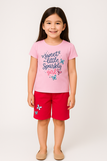 Sweet Little Sparkly Girl Pink Top & Red Shorts Set – Comfortable Summer Outfit for Girls