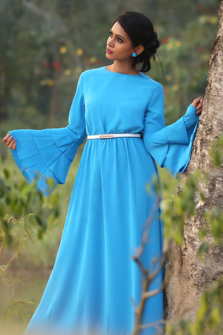 Royal Blue Full-Length Flared Gown with Dramatic Layered Bell Sleeves and Elegant Gold Buckle Belt