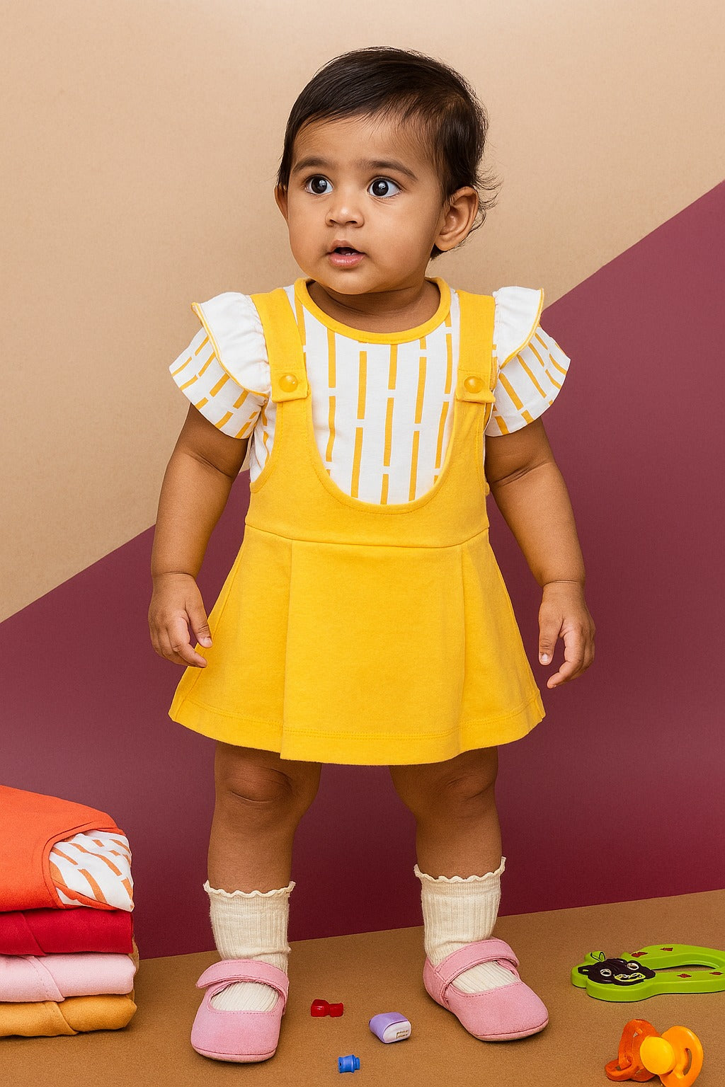 Sunny Yellow Layered Dungaree Style Baby Girl Dress Set – Cotton Blend with Flutter Sleeves - Inayah Fashion